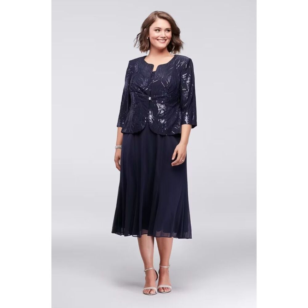 Alex Evenings 2 Piece Dress w/Jacket Size 22W Navy Sequin Wedding Formal New